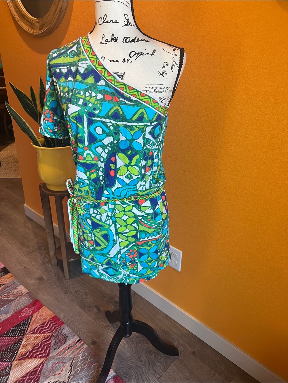 Trina Turk One-Shoulder Blue & Green Printed Swim Coverup